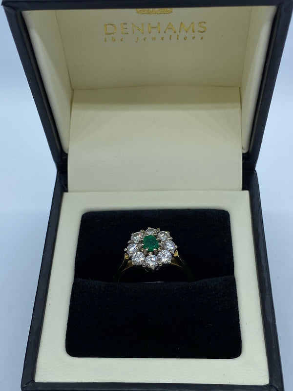 Emerald and diamond cluster ring 18ct gold