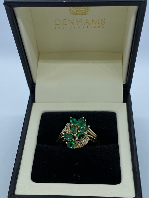 Emerald and diamond cluster ring 14ct gold