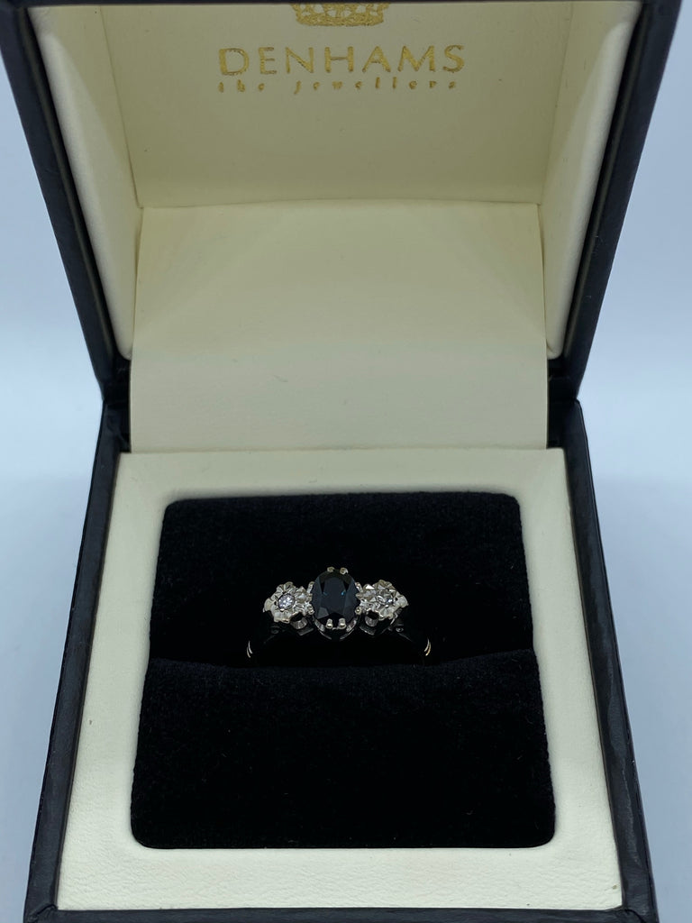 Sapphire and diamond three stone ring 18ct gold