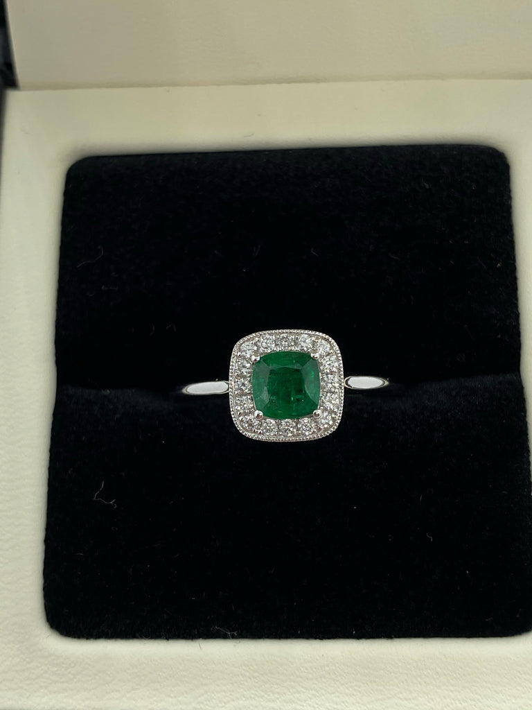 Emerald and diamond cluster ring 18ct white gold