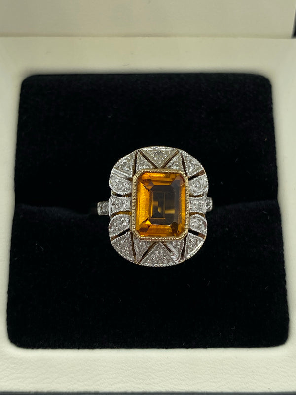 Citrine and diamond cluster ring 9ct yellow gold