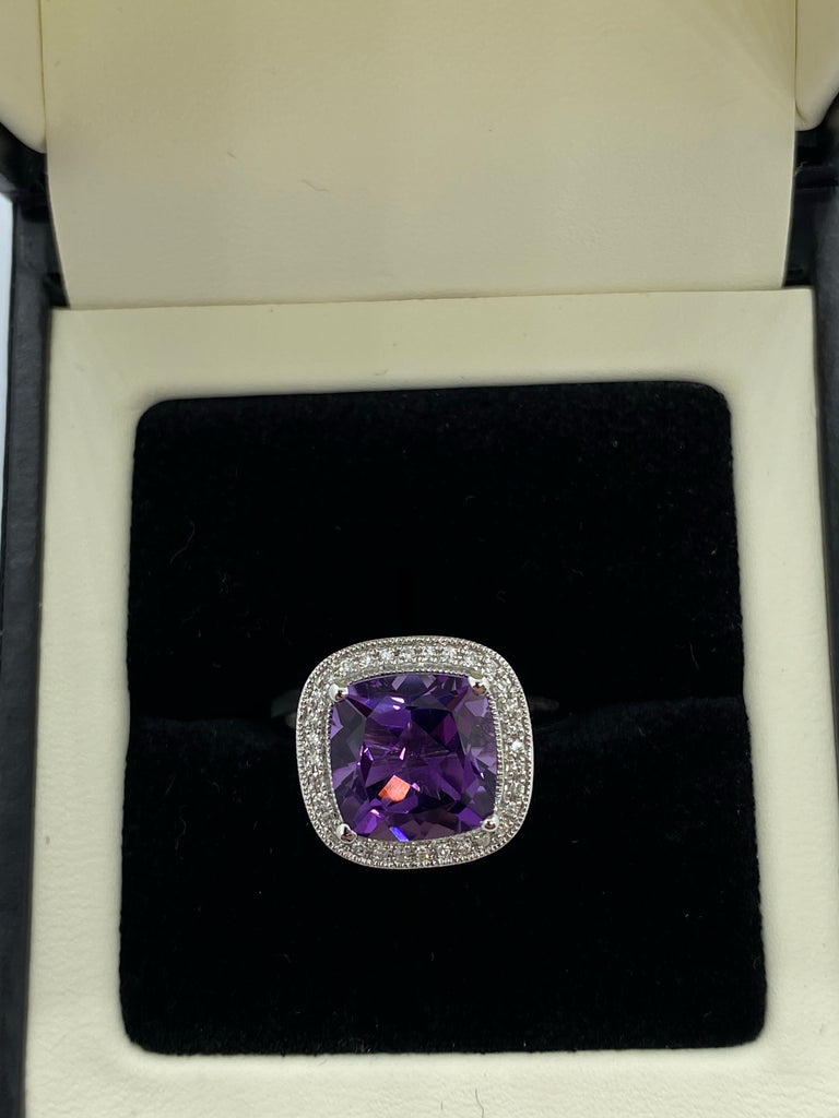 Amethyst and diamond cluster ring 9ct white gold