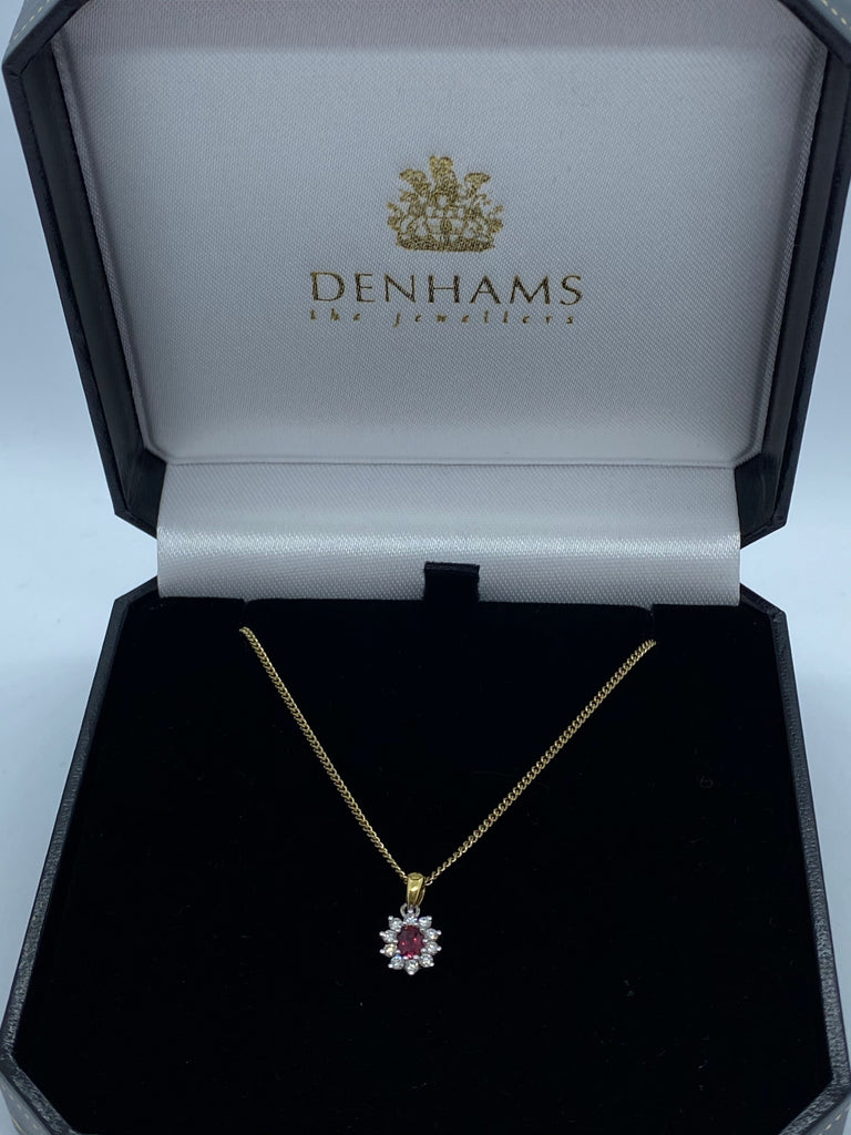 Ruby and diamond cluster pendant 18ct yellow gold