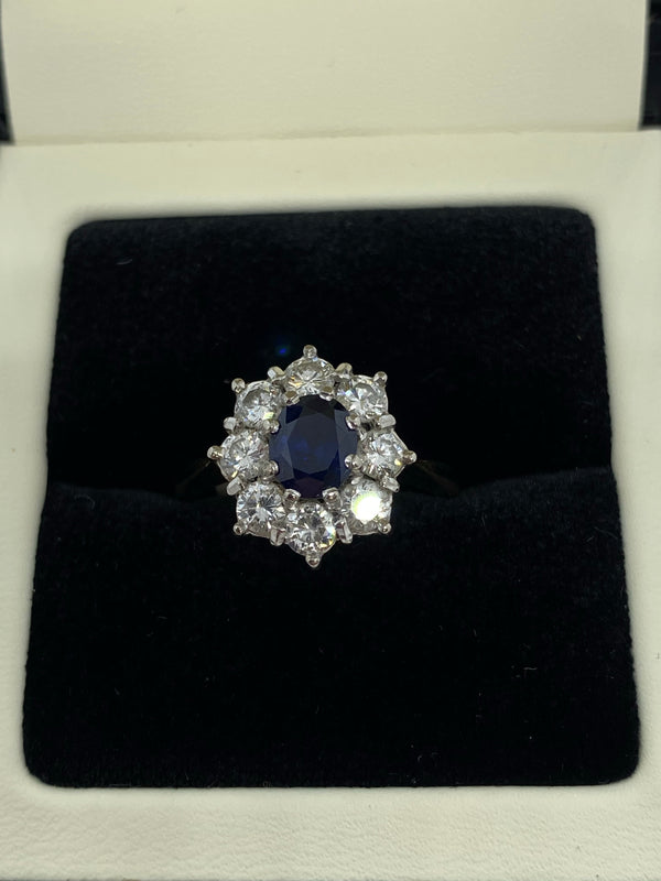 Sapphire and diamond cluster ring 18ct yellow gold shank