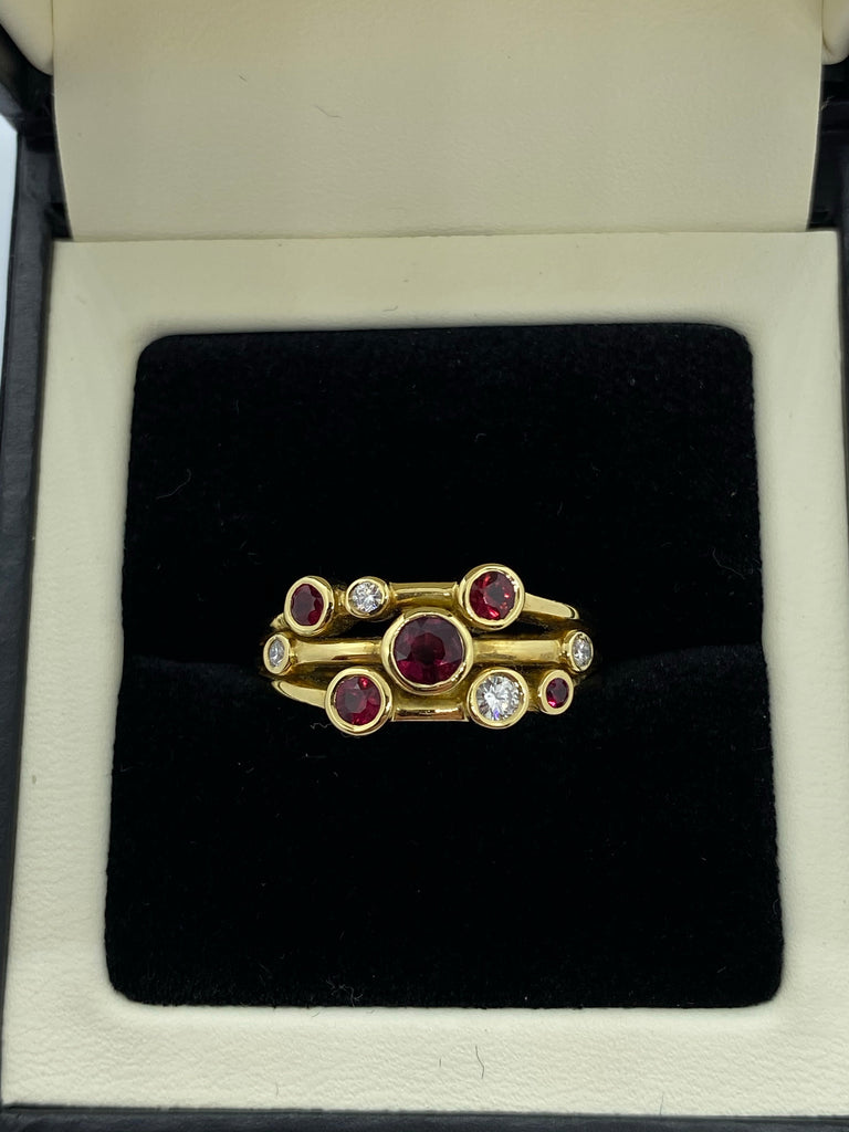 Ruby and diamond bubble ring 18ct gold