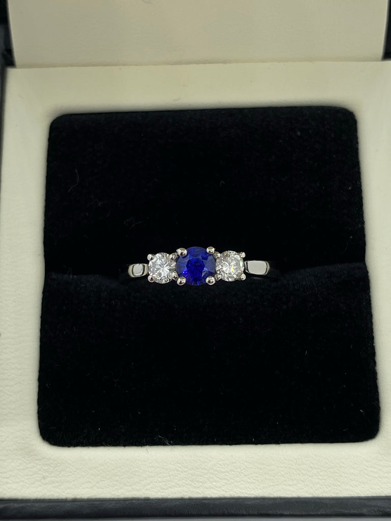 Sapphire and diamond three stone ring platinum